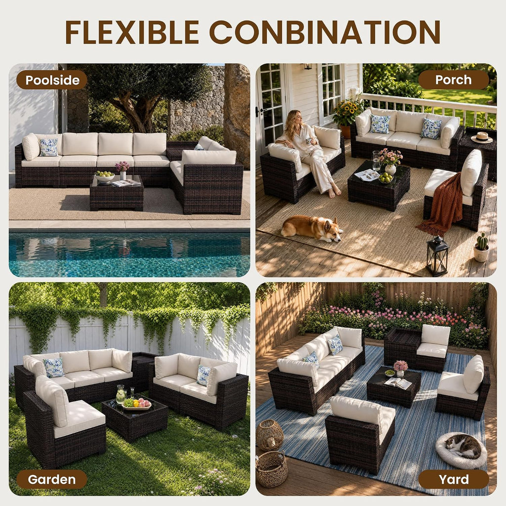 8-Piece Modular Patio Furniture Set with Storage Box Outdoor Sectional Sofa | Patio Conversation Set with Coffee