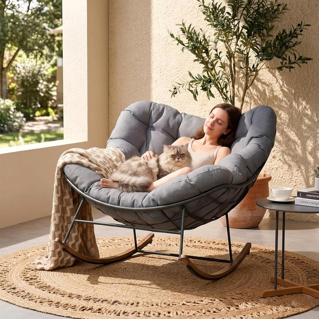 Outdoor Papasan Rocking Chair with Thick Cushion, Grey | Oversized Modern Cozy Lounge Rocker Chair Steel Frame with