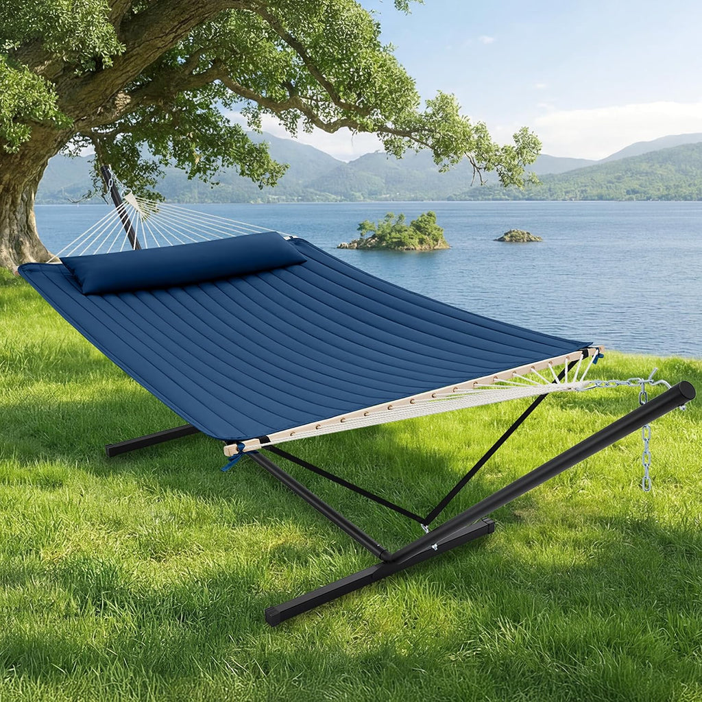 12ft Double Hammock with Stand, Rope Hammock for 2 Person, Detachable Hammock Bed and Pillow, Portable, Anti-Tip