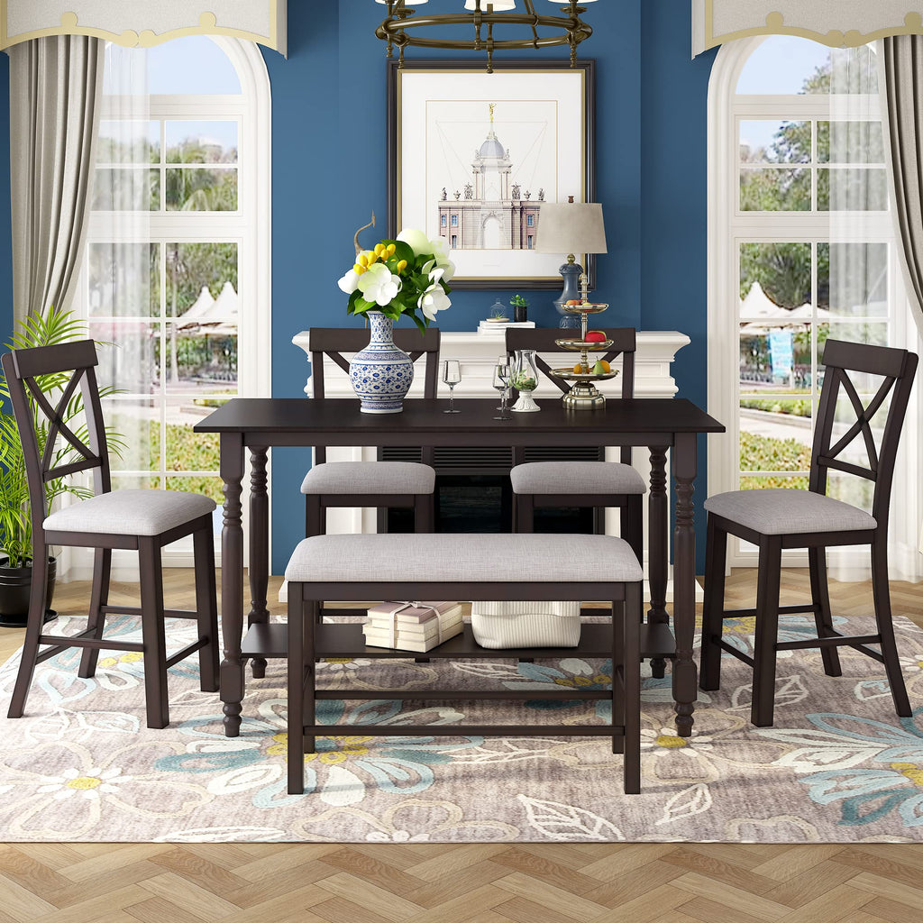6-Piece Wooden Dining Table Set, Wood Rectangular Table and 4 Upholstered Chairs and 1 Bench, Kitchen Dining Table