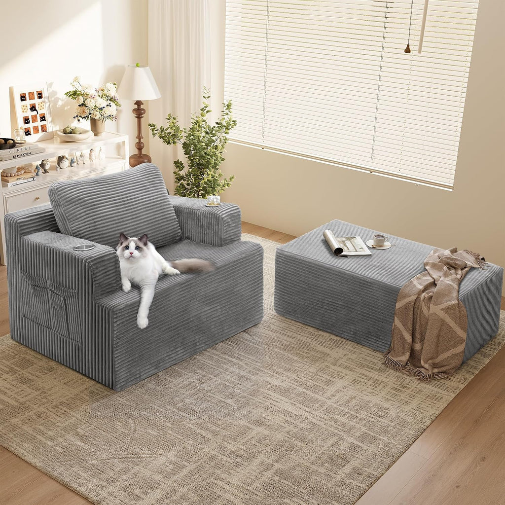 Oversized Chaise Lounge Chair, Cloud Couch with Fluffy Upholstered, Deep Seat Sleeper Sofa Bed with Two Cup Holders