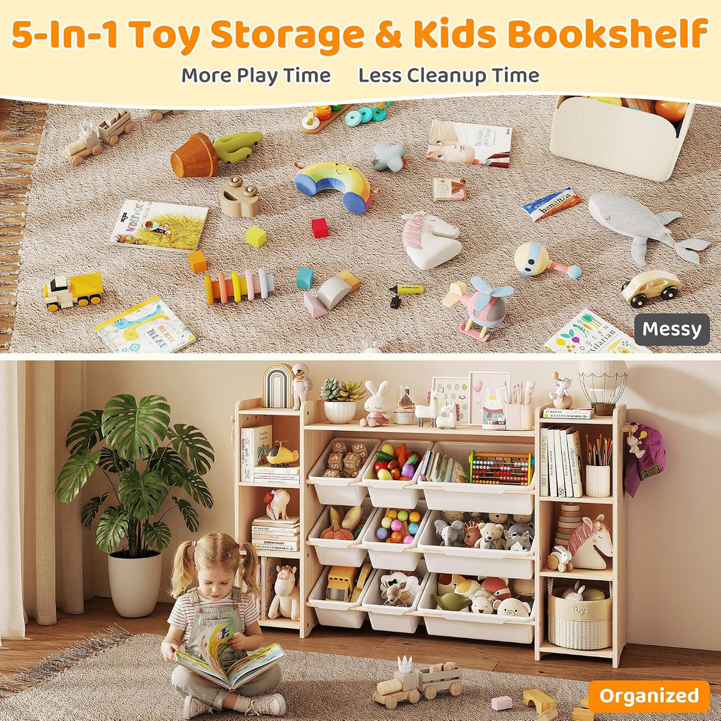 Toy Storage Organizer, Kids Bookshelf with 6 Shelves, 9 Toy Bins & 6 Hooks | Toy Shelf, Storage Bin Unit, Toy