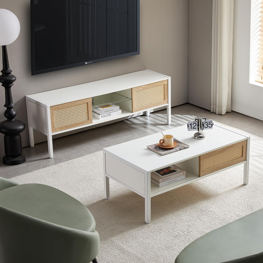Mid Century Modern Coffee Table with Storage, 40.16 Inch Rectangle Wooden Accent Center Sofa Table with Sliding PE