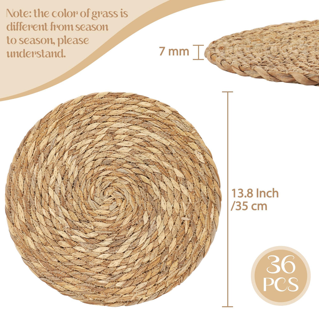 36 Pcs 13.8'' Round Bulrush Placemats, Natural Hand Woven Table Mats