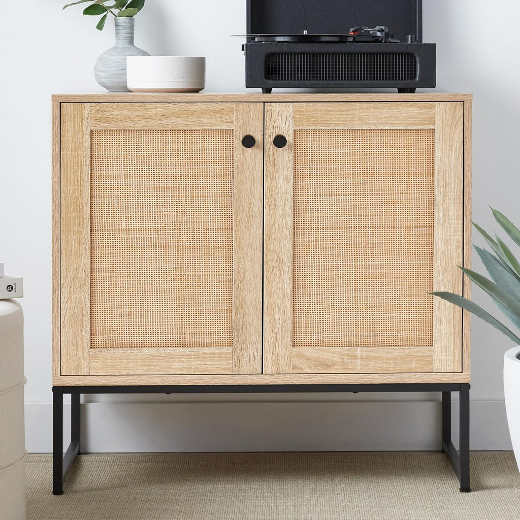 2-Door Rattan Storage Cabinet, Accent Furniture, Multifunctional Cupboard , Sideboard, Buffet Table w/Non-Scratch
