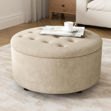 30 Inch Round Storage Ottoman,Modern Tufted Ottomans,Circular Coffee Table with Removable Top,Upholstered Large