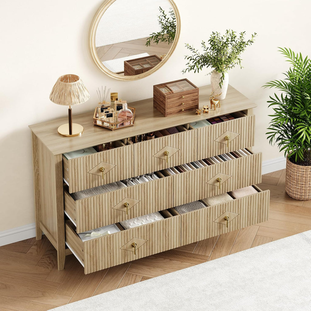 Fluted Dresser , 54 Inch Wide 7-Drawer Wood Dresser, Modern Chest of Drawers, Storage Organizer Cabinet , Natural