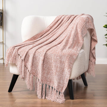 Pink Chenille Throw Blanket, Light Pink Soft Knit Throw with Tassel, Decorative Blanket, Blush Pink 50x60
