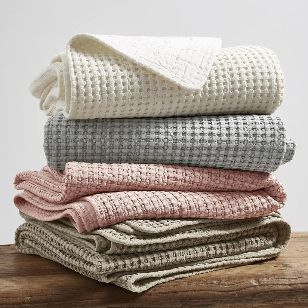 Bedspread Set with Pillow Shams - Cream - Cotton Waffle Bedspread Set