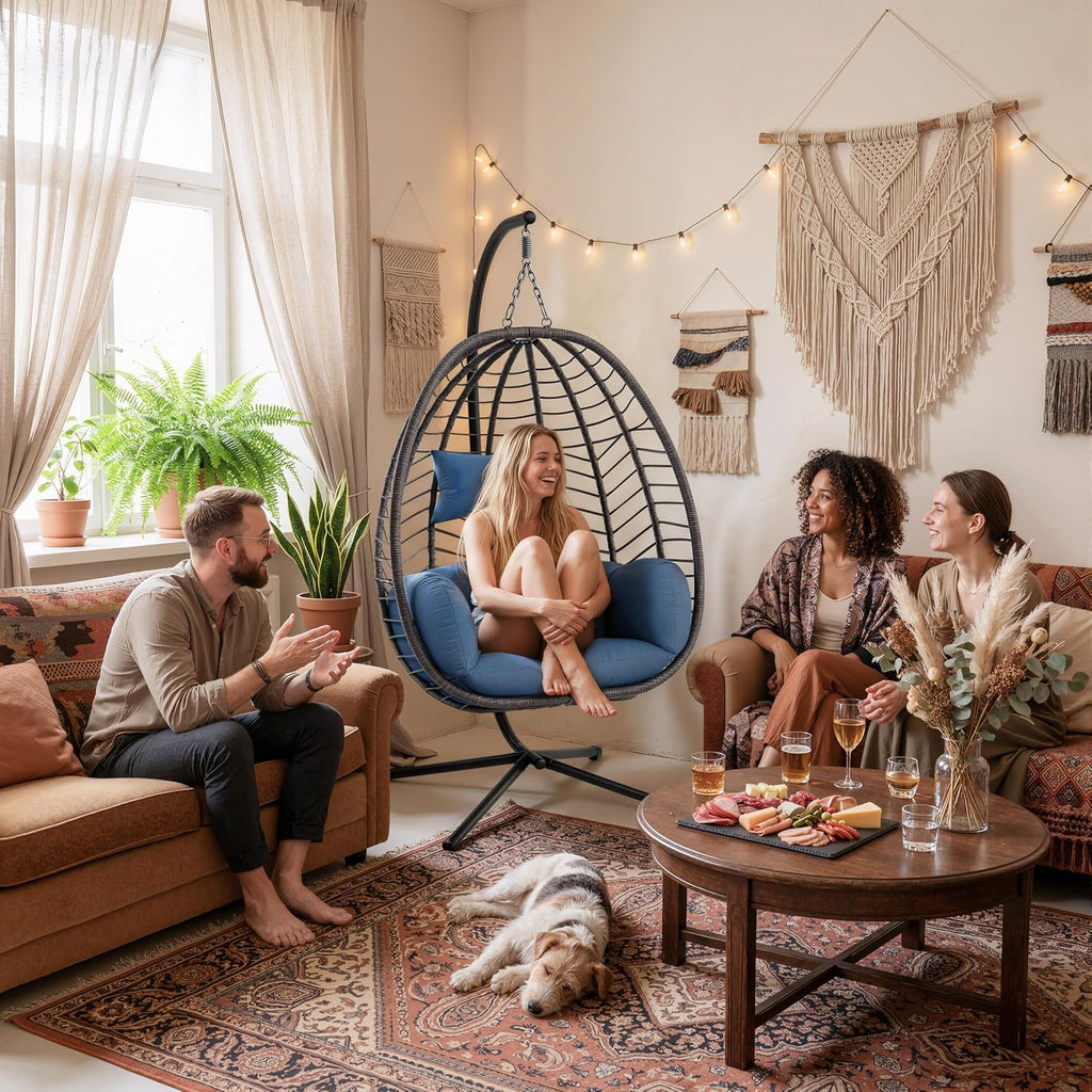 Foldable Egg Chair with Stand, 485LBS Capacity Wicker Rattan Hammock Swing Chair for Outdoor & Indoor, Patio Hanging