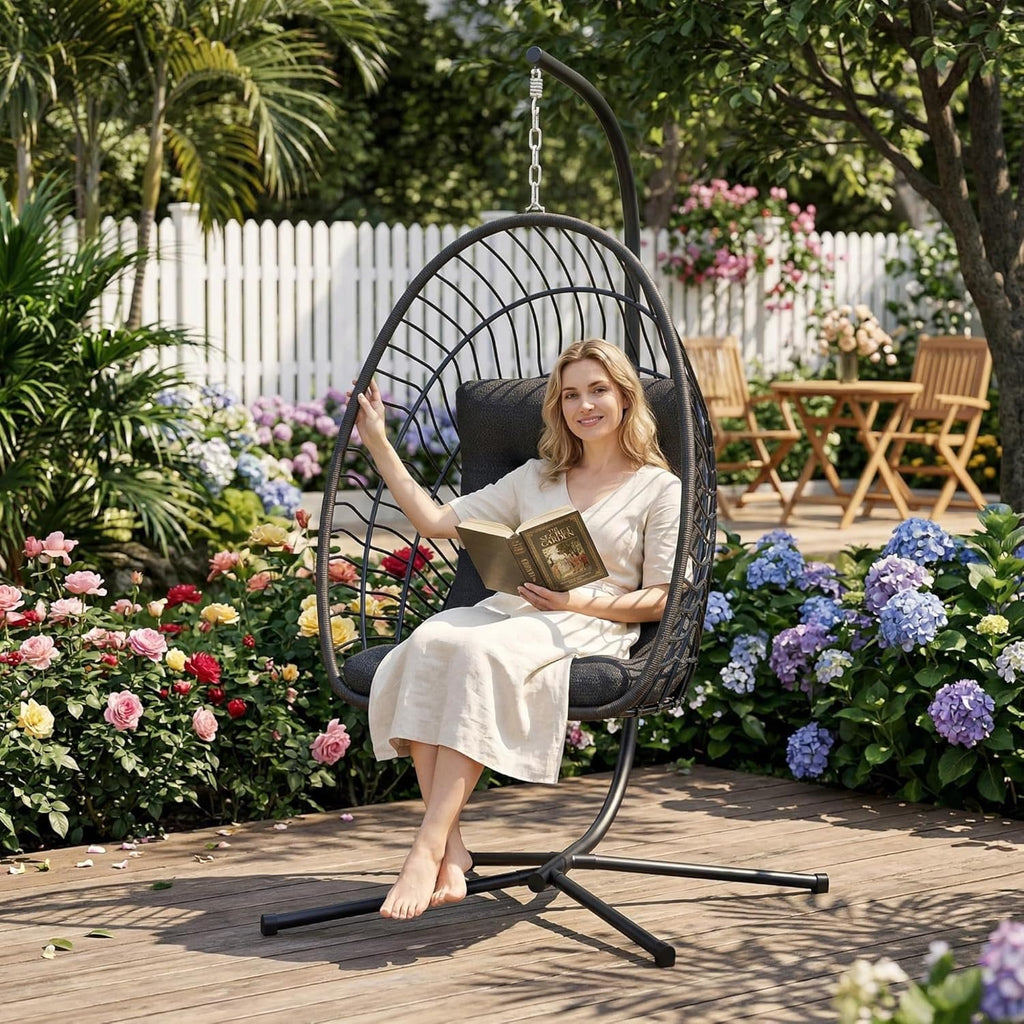 Hanging Egg Chair with Stand Indoor Outdoor, Foldable Rattan Wicker Hammock Egg Swing Chair Porch Patio Garden