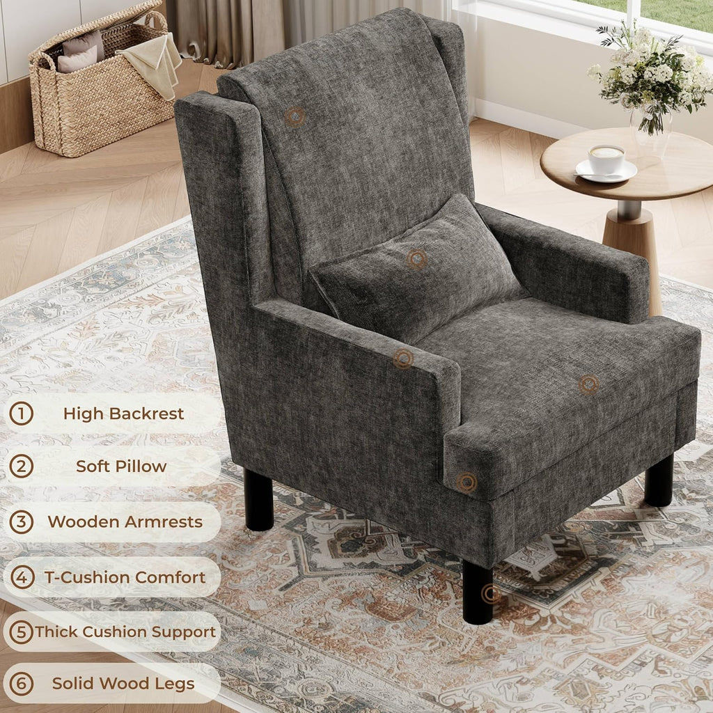 Wingback Accent Chair , Mid-Century Modern Reading Chair , Modern Chenille Upholstered Comfy Armchair with High Back