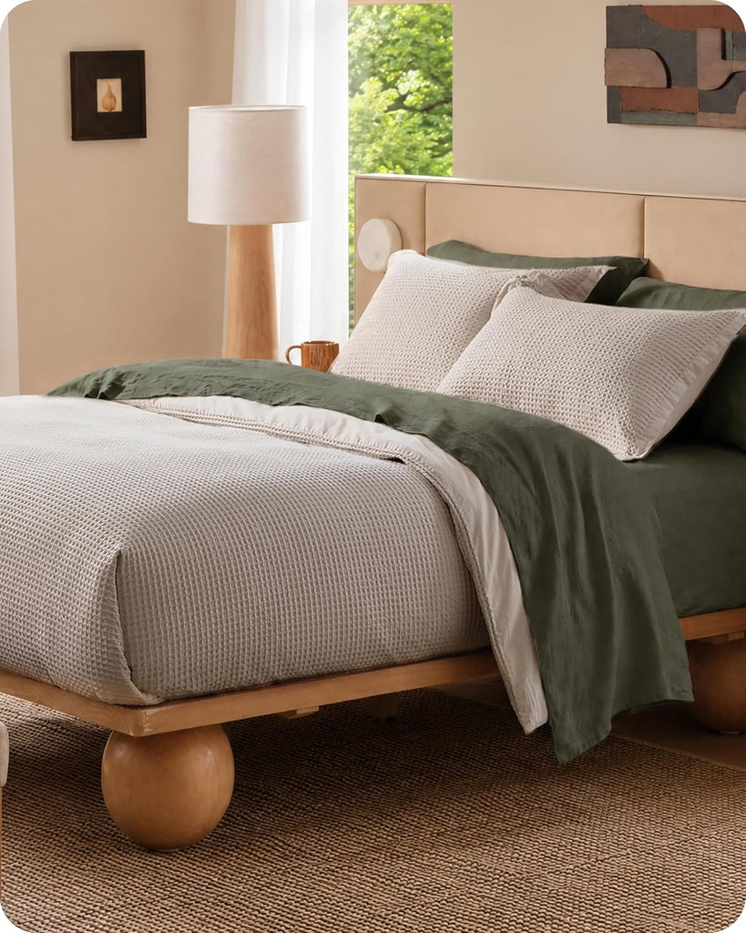 Cotton Duvet Cover - 100% Cotton Waffle Weave Linen Color Duvet Cover, PureWoven Breathable Bedding Set