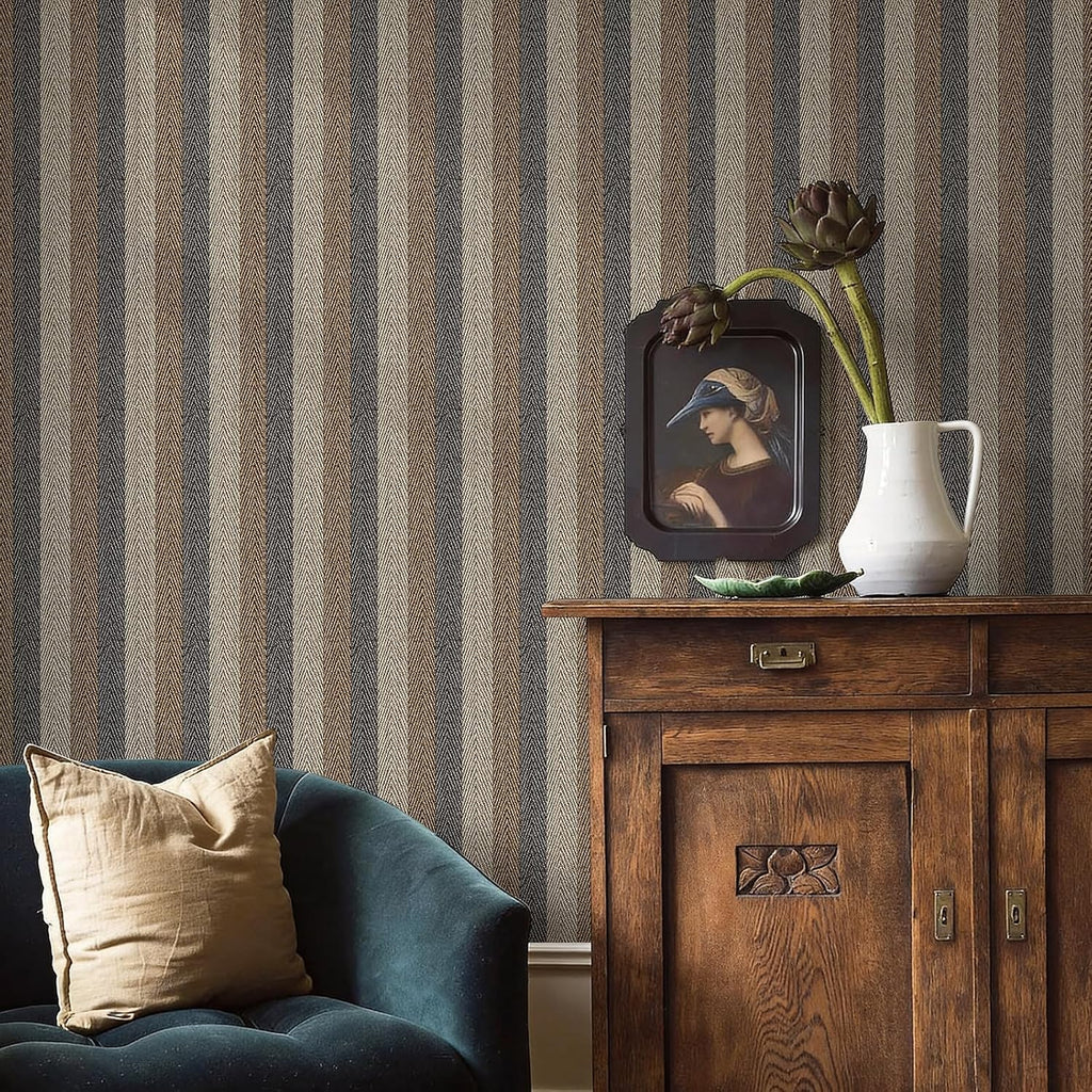 Textured Fabric Wallpaper Peel and Stick Large Size 26"x400" Black/Brown/Grey Stripes Printed Grasscloth Look Wall