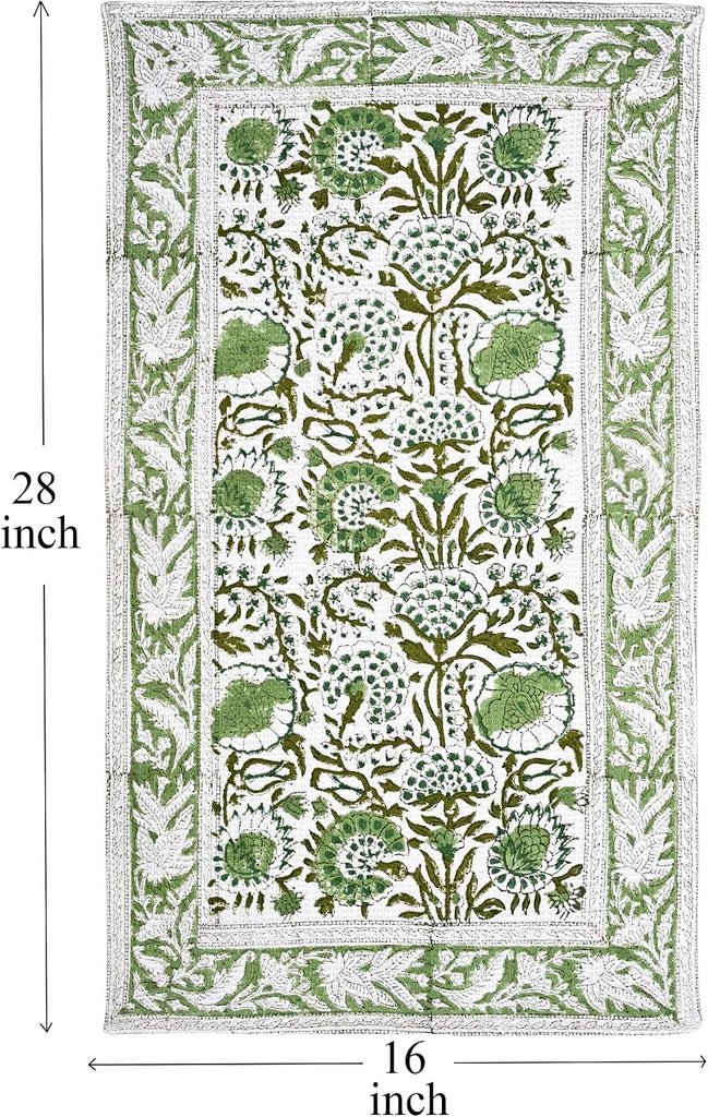 Agate Green Hand Block Print Waffle Kitchen Towel Set of 3-16 x 28 Inch Ultra Absorbent Quick Dry Cotton Dish