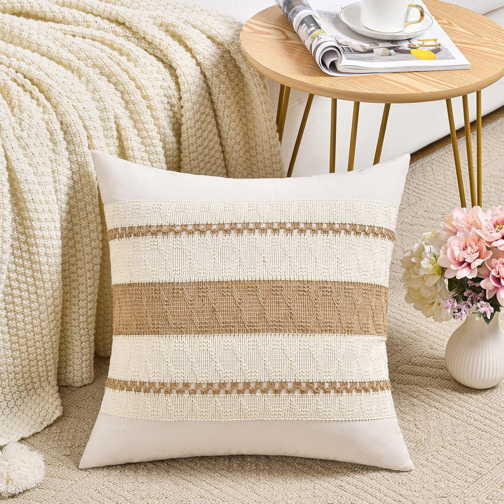 Set of 2 Boho Neutral Decorative Throw Pillow Cover 18x18 Inch, Aesthetic Modern Organic Farmhouse Home Decor, Soft