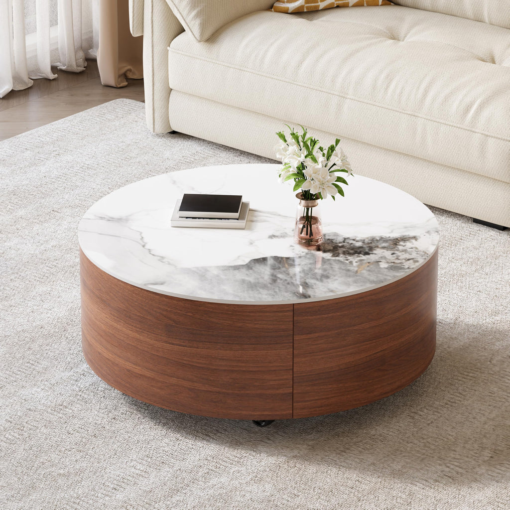 29.5'' Round with 2 Drawer Storage & Smooth-Moving Casters, Modern Fluted Wood, Sintered Stone Marble Pattern Top &