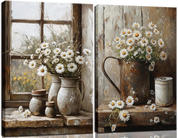 2Pcs Farmhouse Daisy Wall Art Country Bathroom Wall Decor