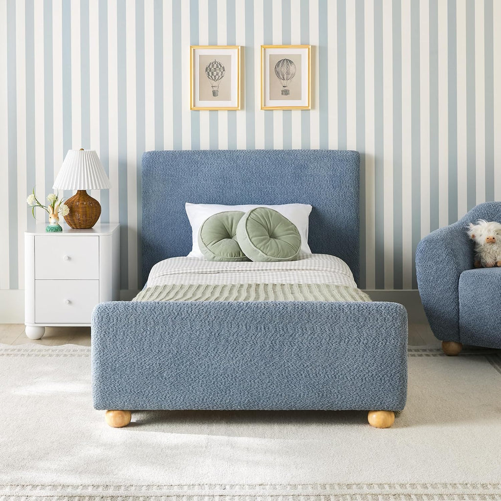 Modern Upholstered Kids Twin Bed Frame with Round Feet, Blue