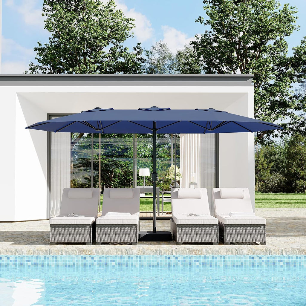 15 ft Rectangular Patio Umbrella with Base Included - Large Patio Umbrella with Crank Handle, UV Protection Pool