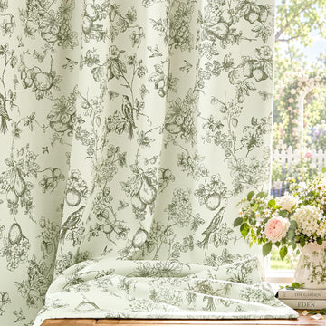Green Floral Blackout Curtains French Country 84L 2 Pcs