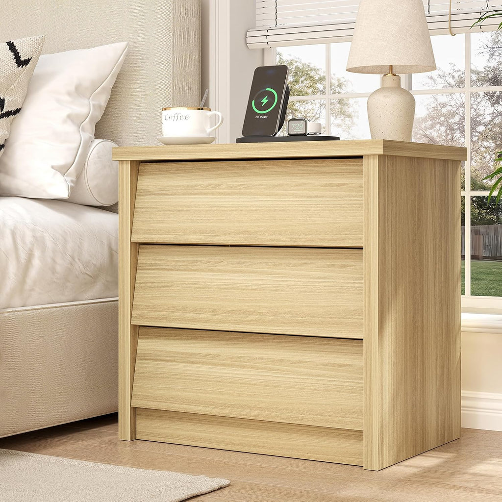 23" Wide Nightstand Set of 2 with Charger Station, Modern Night Stand with 3 Drawers, Wood End Table with USB Ports