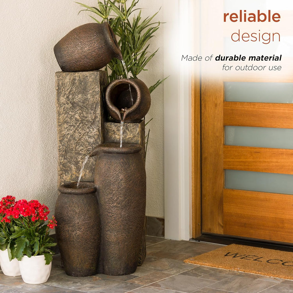 43" Tall Indoor Outdoor Pottery Fountain with Replaceable LED Lights, Water Feature Decor, Brown