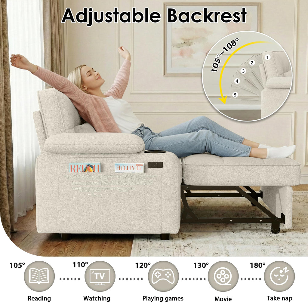 58'' Convertible Sofa Bed with USB Charger and Cup Holders, Teddy Fabric Loveseat Pull Out Couch with Adjustable