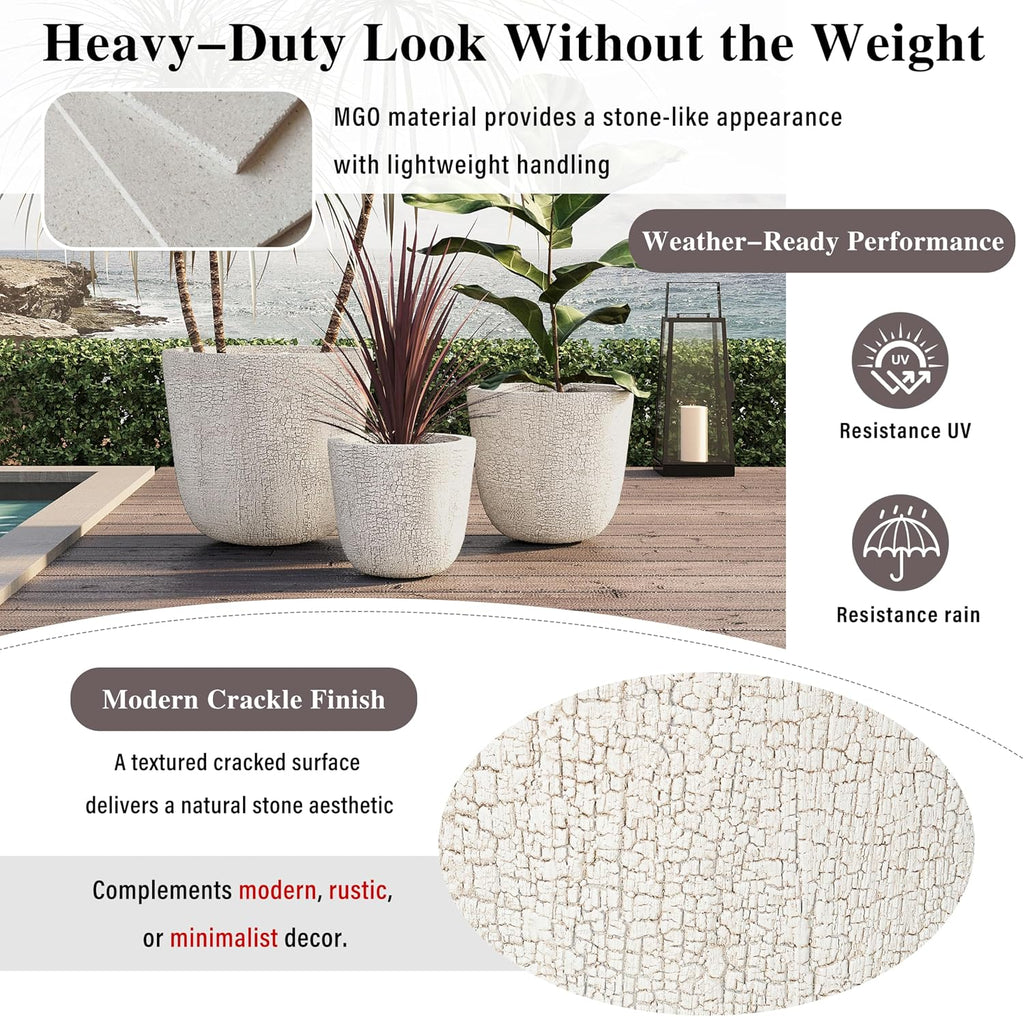 Indoor Outdoor Plant Pots with Drainage Holes and Rubber Plug- Set of 3,Large Lightweight MGO Flower Pots