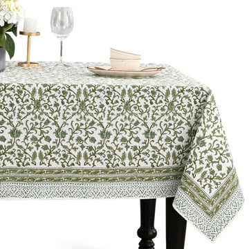 CPC Meadow Vine Block Print 100% Cotton Rectangle Tablecloth 72x190 Inch