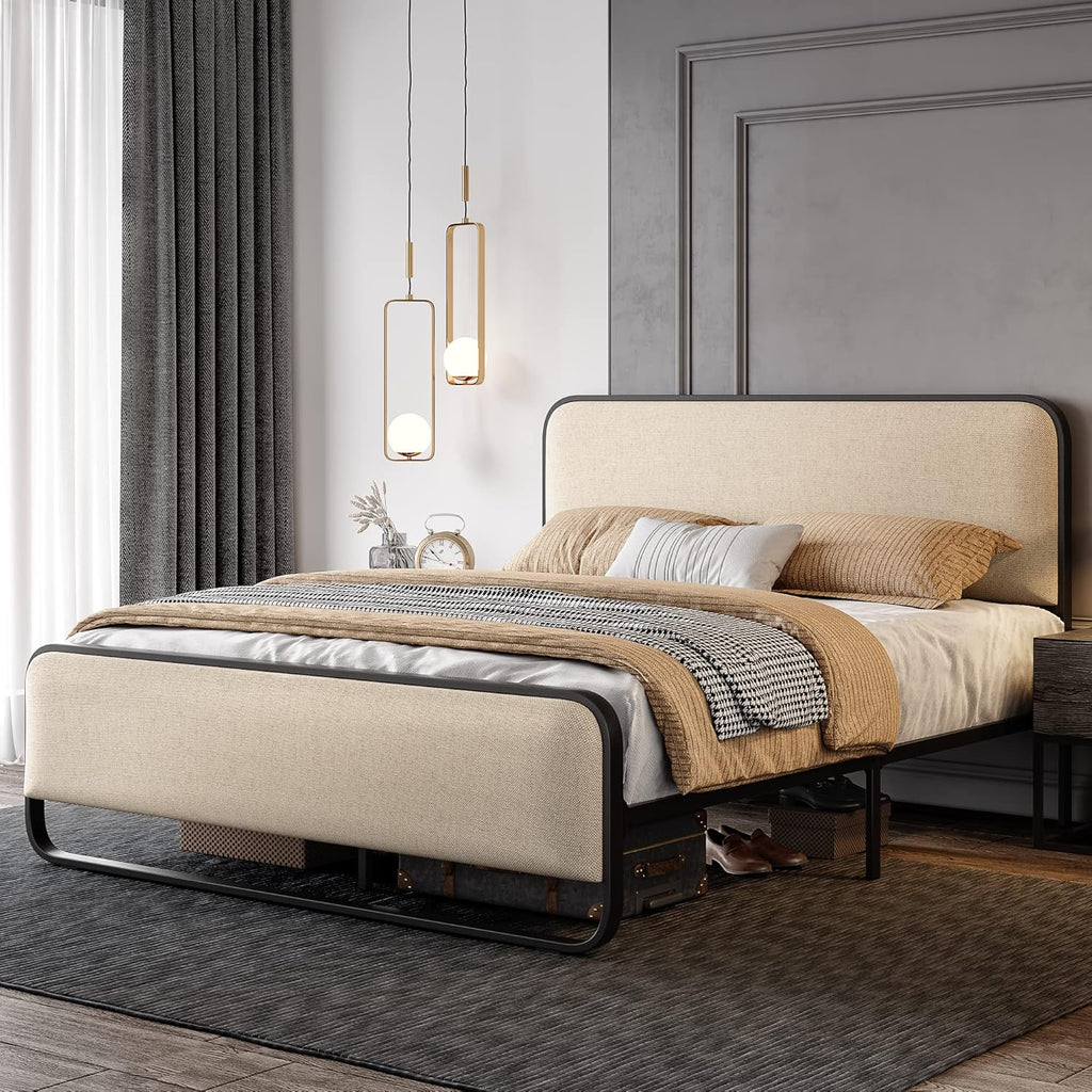 Queen Platform Metal Bed Frame with Curved Upholstered Headboard and Footboard, Large Under Bed Storage