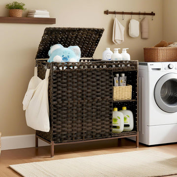Laundry Hamper with Lid, 110L (29.1 Gal) Rattan Laundry Hamper 2 Section with 50L (13.2 Gal) Storage Shelf, Wicker