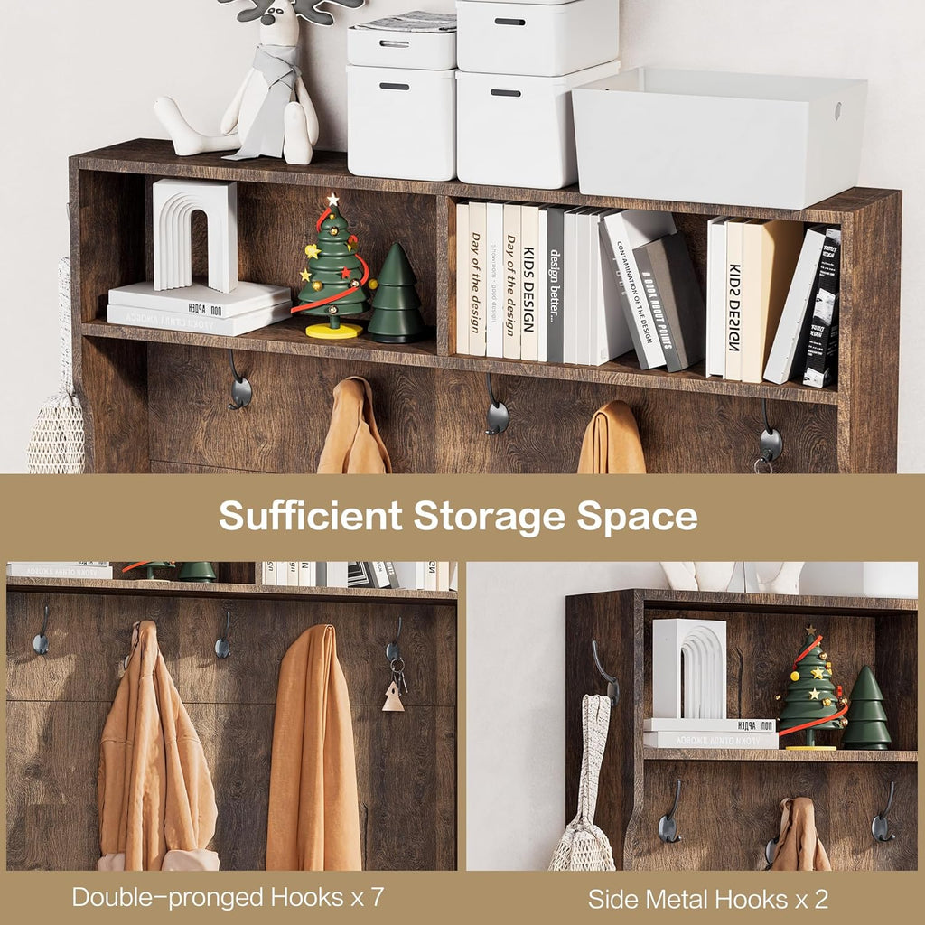 71" Hall Tree with Bench and Shoe Storage, Entryway Hall Tree with 2 Doors and 6 Adjustable Shelves, Cushioned