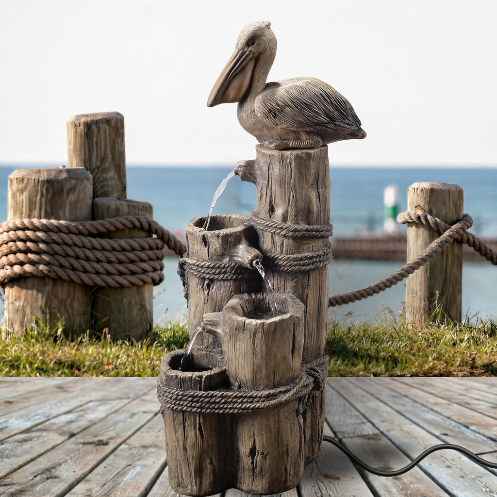 35.42" 4-Tier Pelican and Driftwood Pier Post Outdoor Cascading Water Fountain, Brown