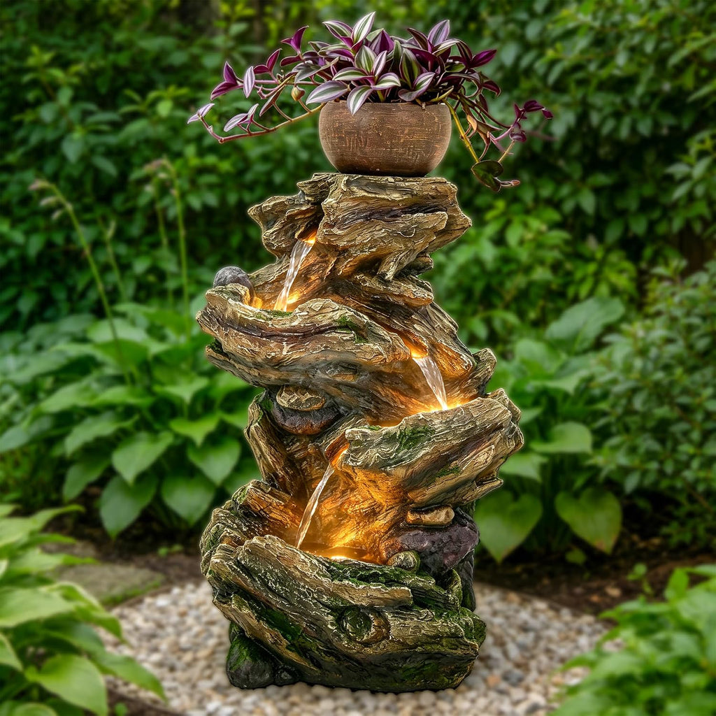 33" Rustic Tree Trunk Outdoor Water Fountain with Planters, Handcrafted 5-Tier Cascading Water Feature with Moss &
