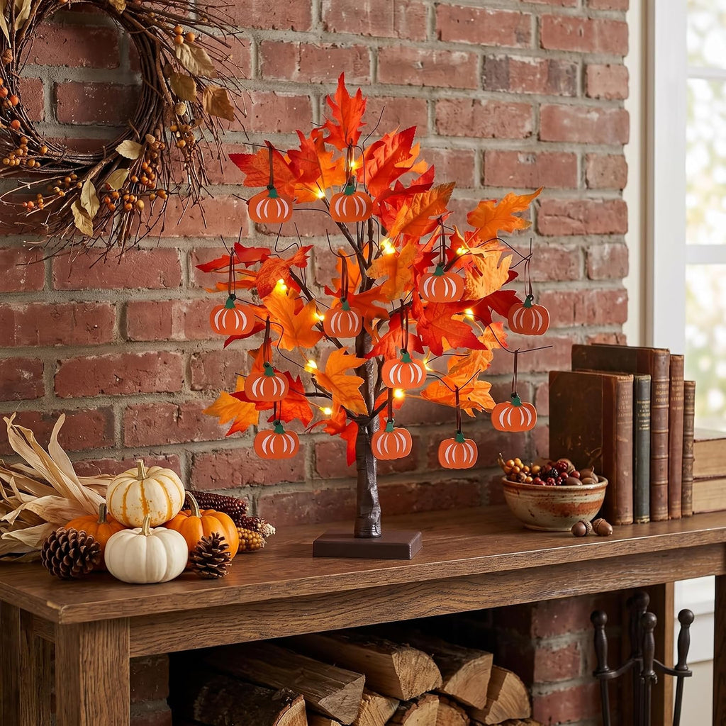 Fall Decorations, Thanksgiving Decorations, 24"2FT Lighted Maple Leaves Tree with 24 LEDs & 12 Wood Pumpkin