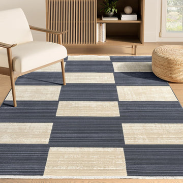 Austin Collection Navy Area Rug - Block Checkered Pattern, Non-Shedding - Easy to Clean, Durable, Dining