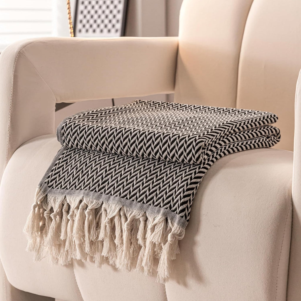 Premium Cotton Light Weight Boho Throw Blanket 50”x60” Gray Black and Off White