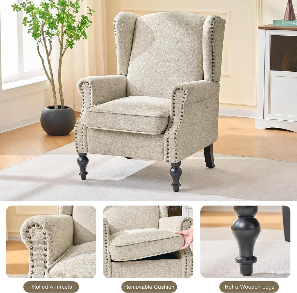 High Back Accent Chair, Upholstered Wingback Arm Chair with Vintage Wood Legs, Comfy Single Sofa Armchair Modern Side