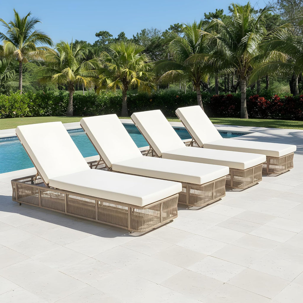 Set of 4 76.75"L Woven Rope Patio Chair Sun Lounge Recliner Chair with 5-Position Adjustable Backrest, Outdoor Metal