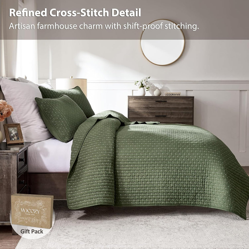 Olive Green Cross Stitch King Quilt Set, Striped Lightweight Soft Bedspread, Channel Farmhouse Rustic Coverlet, All