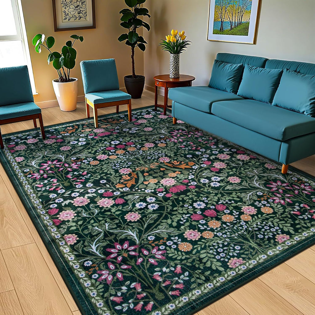10x14 Area Rugs for Living Room: Floral Washable Rug Vintage Large Soft Boho Non-Slip Carpet Stain R