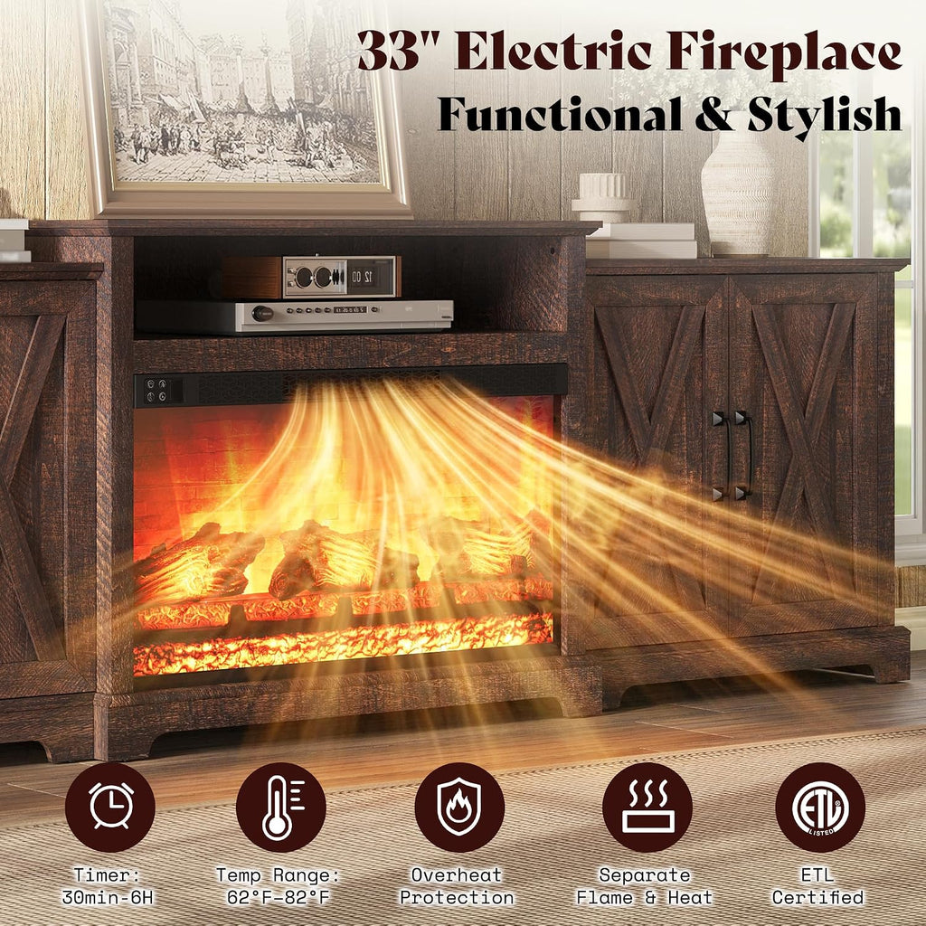 97" Large Fireplace TV Stand for TVs up to 110", Farmhouse Entertainment Center with 33" Electric Fireplace, Media