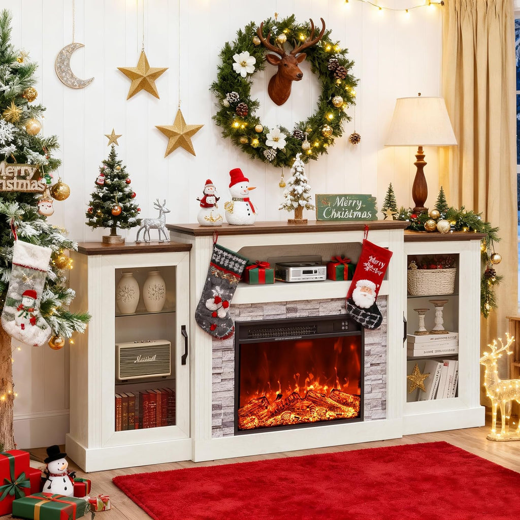 70 Inch Farmhouse Electric Fireplace TV Stand with Mantel, Console Height Wooden Entertainment Center with Storage, 4800 BTU Adjustable Heating for Living Room or Bedroom