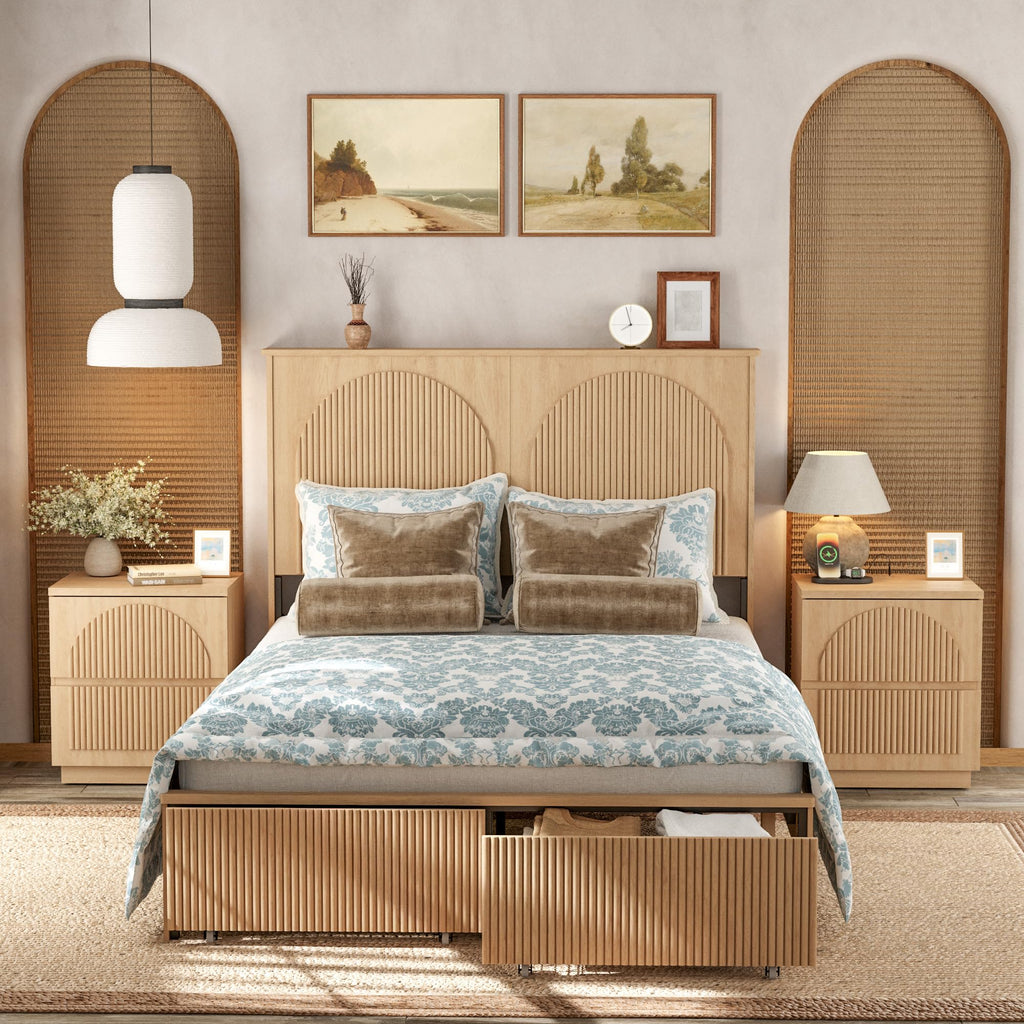 Queen Bed Frame with 52.4" Tall Headboard, Fluted Bed Frame with 2 Storage Drawers, Modern Arched Reeded Wood Beds