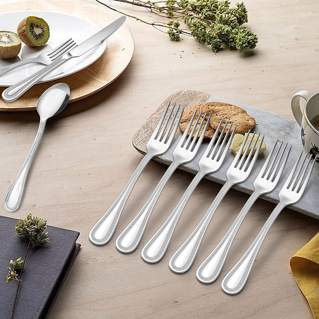 24-Piece Forks and Spoons Silverware set, Stainless Steel Flatware with Pearled Edge /Kitchen, Include 12 Dinner