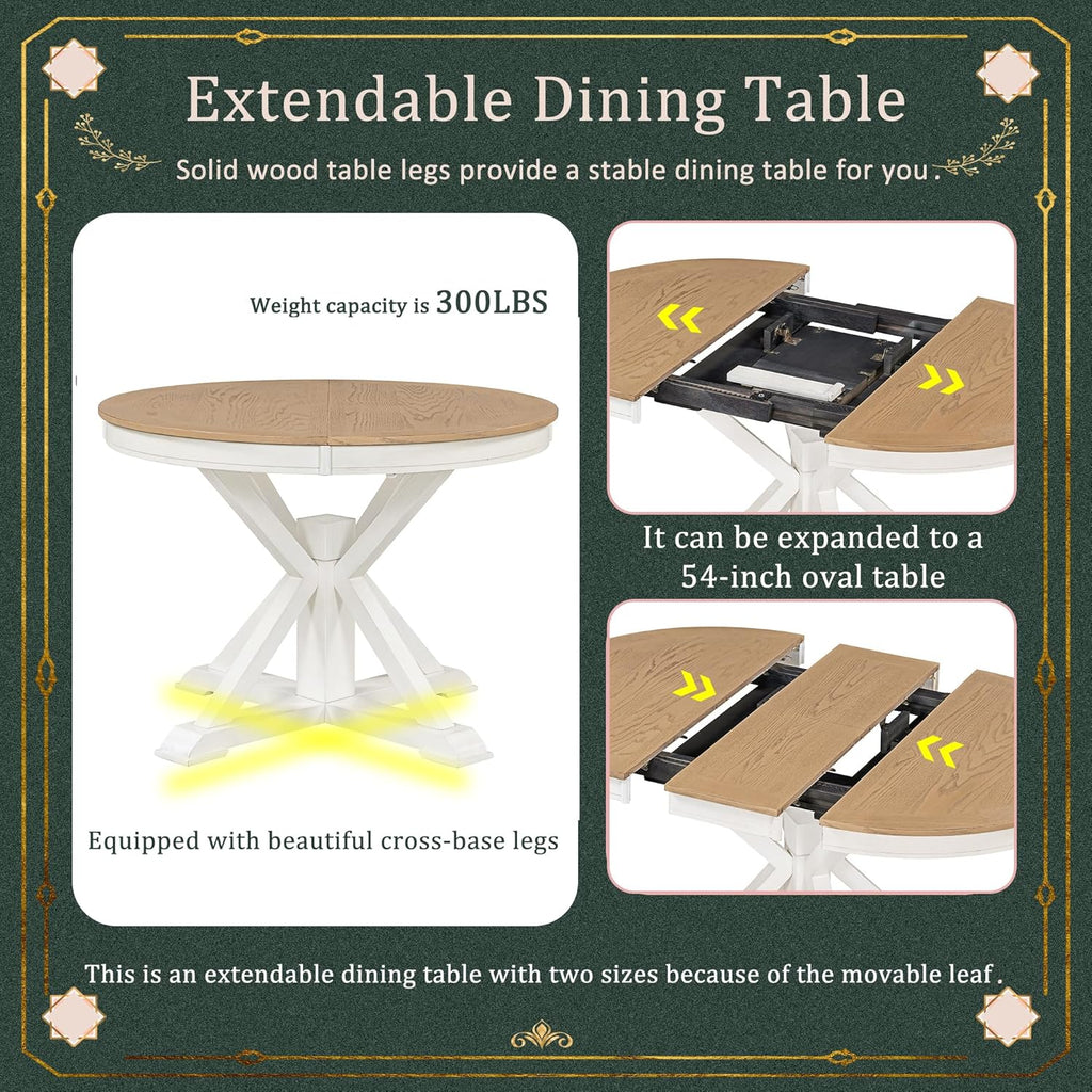 Extendable Round Dining Table for 4-8, Farmhouse 42"-54'' Expandable Kitchen Table with Removable Leaf and Pedestal