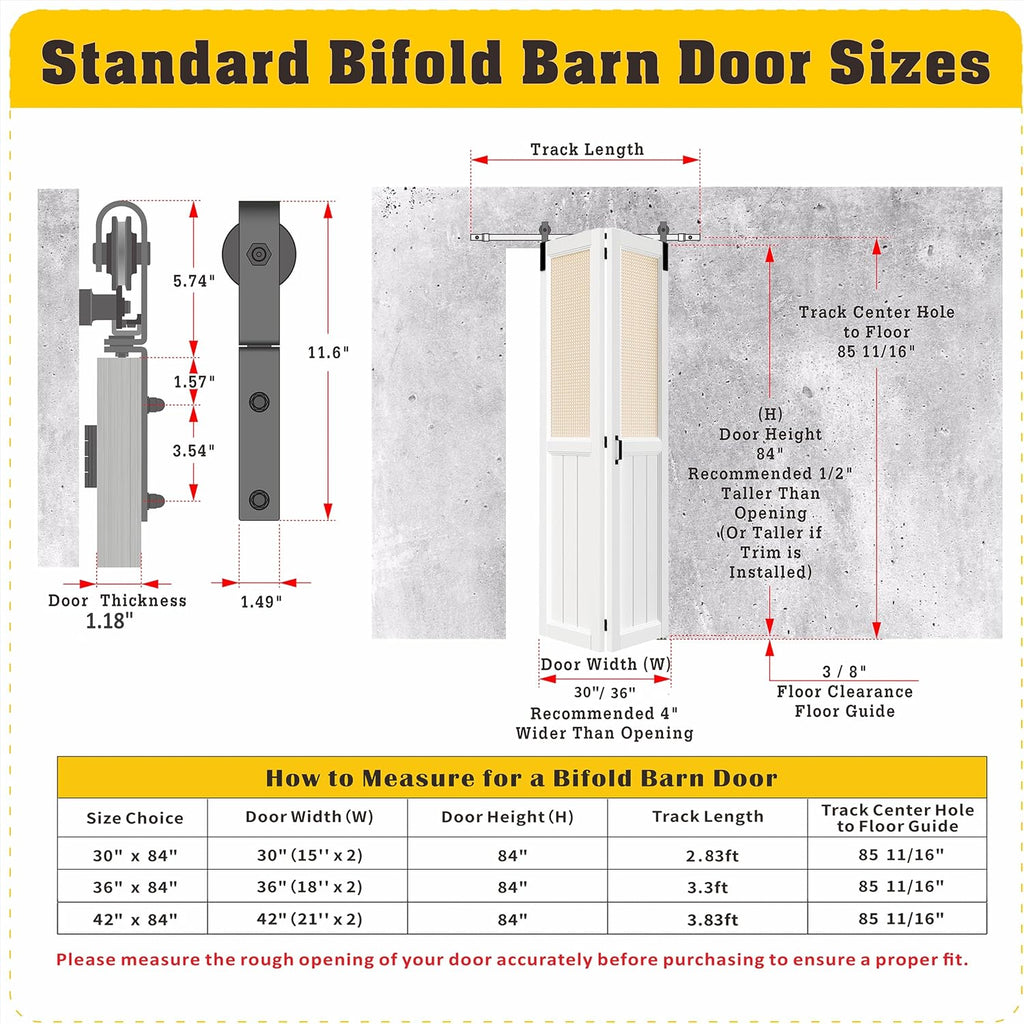 Bifold Barn Door, Cane Webbing Panel with Sliding Folding Closet Door Hardware Kit Set, 36"x 84" Finished Rattan