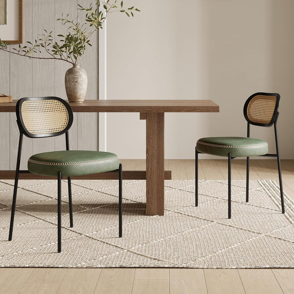 Rattan Dining Chairs Set of 4, Green Leather Upholstered Dining Chairs with Rattan Cane Back, Mid Century Modern