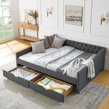 Queen Size Upholstery Daybed with 2 Drawers and Headboard, Mid-Century Style Tufted Sofa Bed with Button on Back